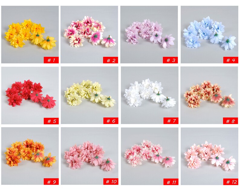 Puede incluir: Doce ramos de flores artificiales en varios colores, incluyendo amarillo, rosa, rojo, blanco y azul. Cada ramo contiene aproximadamente 7-8 flores.