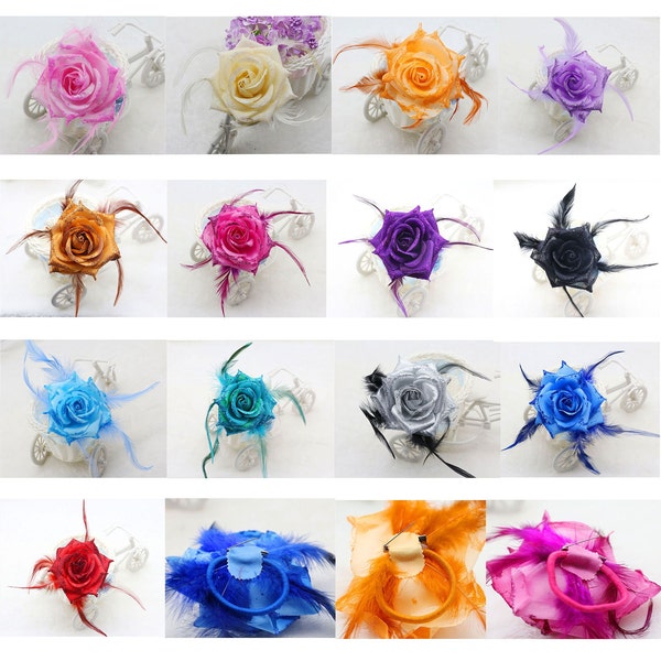 11 Colors Rose Corsage - Feather Wrist Flower Wedding Bridal Fascinator Prom Party Decor Women Brooch Tea Party Boutonniere Wrist Flower