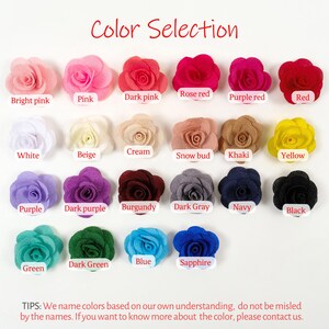 May include: A collection of fabric flower embellishments in various colors, including bright pink, red, and blue. Each flower is labeled with its color name, such as "Rose red" and "Sapphire". The text "Color Selection" is at the top.