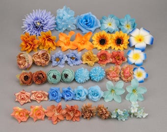 Conjunto de 45 flores artificiales de otoño: kit de cabezas de flores de seda naranja y azul, rosas, peonías y hortensias para manualidades, decoración de bodas y fiestas.