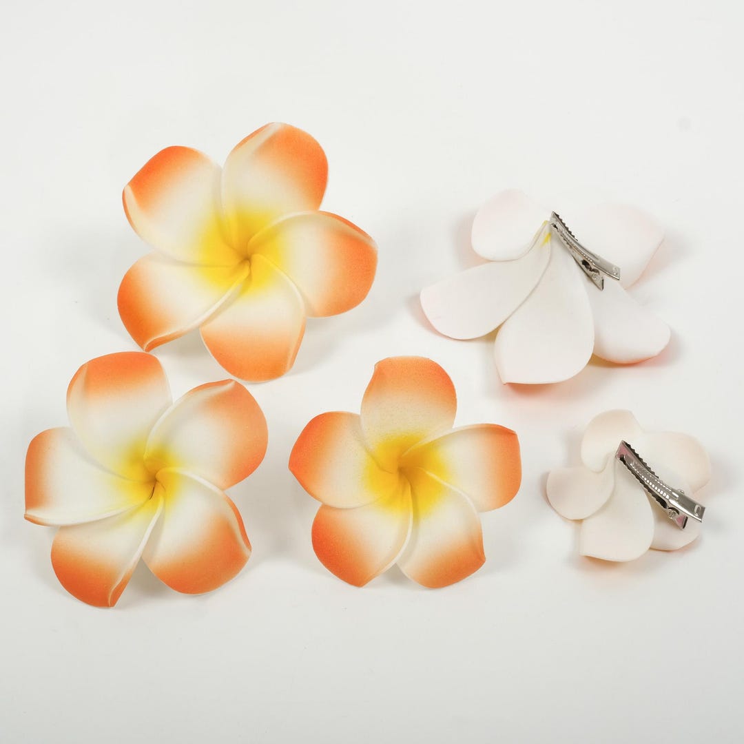 4er Set Hawaii-Blumen Haarspangen - Frangipani (Plumeria) Aus Schaumstoff, 7 Cm, Weiß & Rosa