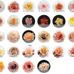 May include: A collection of artificial flower heads in various colors, including pink, yellow, orange, and peach. Each flower is displayed on a white background within a black circle, with size information in centimeters. Ideal for crafting and decorative projects.