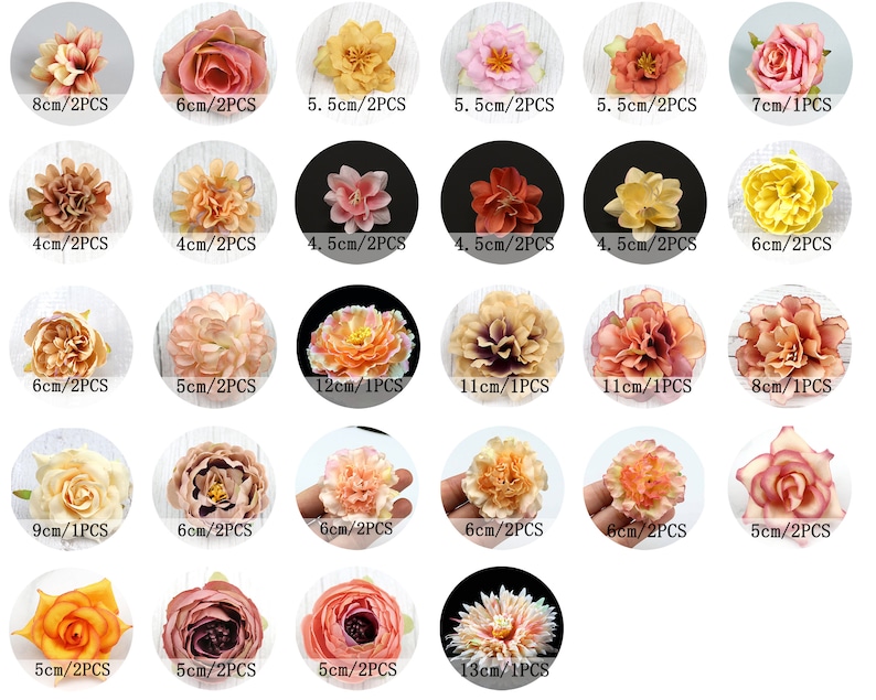 May include: A collection of artificial flower heads in various colors, including pink, yellow, orange, and peach. Each flower is displayed on a white background within a black circle, with size information in centimeters. Ideal for crafting and decorative projects.