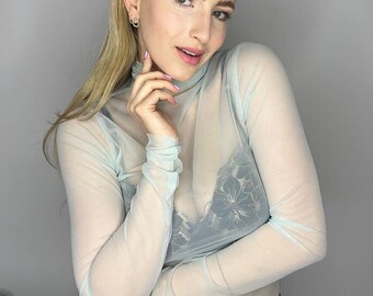 Tulle Turtleneck ,  High Neck Sheer Mesh Long Sleeves, very feminine