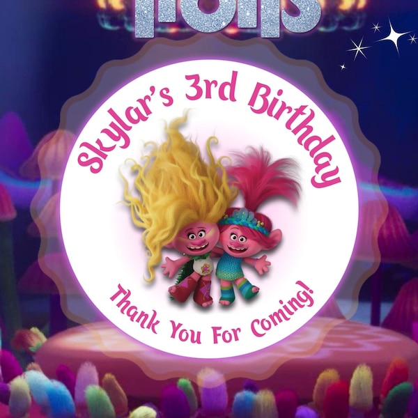 Customized Troll Poppy Birthday Stickers, Party Favor Stickers, Personalized Birthday Stickers, Poppy Birthday Party Theme, Trolls Sticker