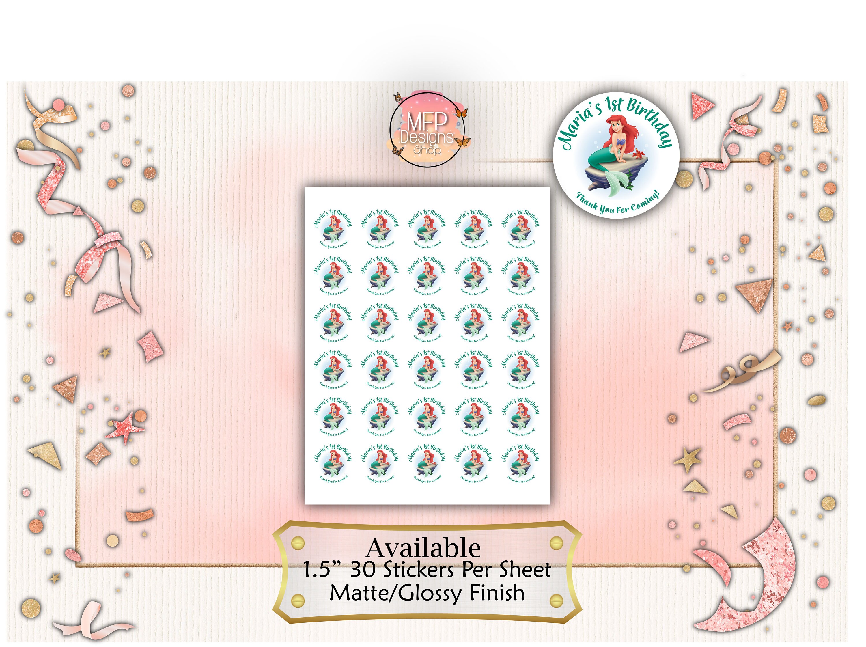 Customized Ariel Birthday Stickers Party Favor Stickers - Etsy