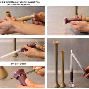May include: A step-by-step guide on how to remove a candle from a mold. The image shows a person pushing a metal part on the mold to release the candle. The candle is then cut off at the base and lit.