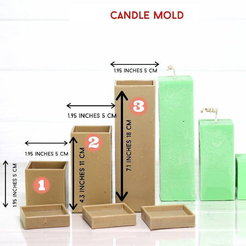 May include: Three brown rectangular candle molds with measurements in inches and centimeters. The molds are numbered 1, 2, and 3. The largest mold is 7.1 inches tall and 1.95 inches wide. The middle mold is 4.3 inches tall and 1.95 inches wide. The smallest mold is 1.95 inches tall and 1.95 inches wide.