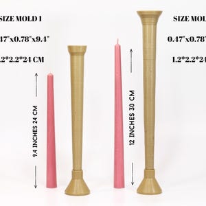 May include: Two candle molds, one taller than the other, are made of a light brown material. The molds are cylindrical with a flared base. The text "SIZE MOLD 1" and "SIZE MOLD 2" is printed above the molds. The text "0.47"x0.78"x9.4" and "1.2*2.2*24 CM" is printed below each mold. A pink candle is placed next to each mold.