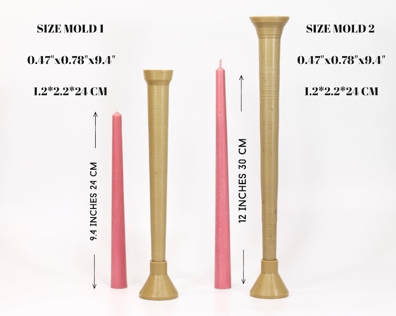May include: Two candle molds, one taller than the other, are made of a light brown material. The molds are cylindrical with a flared base. The text "SIZE MOLD 1" and "SIZE MOLD 2" is printed above the molds. The text "0.47"x0.78"x9.4" and "1.2*2.2*24 CM" is printed below each mold. A pink candle is placed next to each mold.
