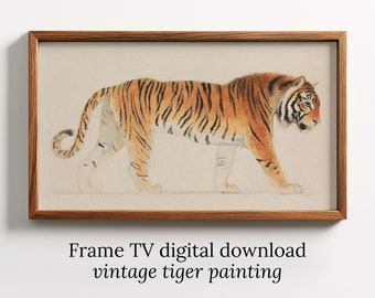 Puede incluir: Pintura vintage de un tigre enmarcada. La obra representa un tigre con rayas naranjas y negras, sobre un fondo neutro. El texto en la parte inferior dice "Frame TV digital download vintage tiger painting."