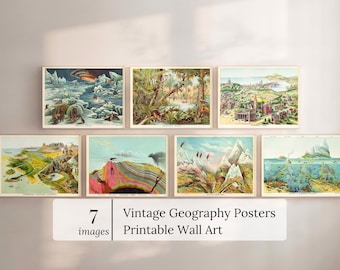 Puede incluir: Siete carteles de geografía vintage enmarcados con ilustraciones coloridas de varios paisajes y entornos. Los carteles incluyen imágenes de la zona ártica, zonas tropicales y paisajes urbanos. El texto de la imagen dice "Vintage Geography Posters Printable Wall Art."