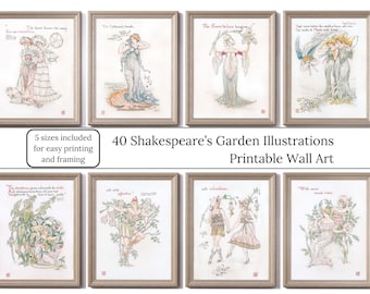 May include: Eight framed art prints featuring Shakespeare's Garden illustrations. Each print showcases delicate watercolor drawings of figures and botanical elements, with accompanying text. The prints are in a variety of soft colors, including pink, green, and blue.