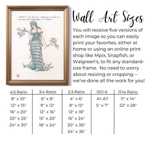 Puede incluir: Ilustraci&oacute;n vintage enmarcada de una mujer con un vestido azul sosteniendo flores, con texto en un marco dorado. La imagen incluye varios tama&ntilde;os de impresi&oacute;n, como 20 cm x 25 cm y 28 cm x 35 cm, para adaptarse a marcos est&aacute;ndar.