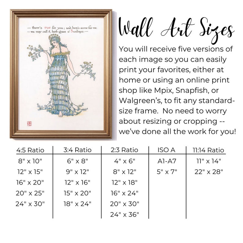 Puede incluir: Ilustraci&oacute;n vintage enmarcada de una mujer con un vestido azul sosteniendo flores, con texto en un marco dorado. La imagen incluye varios tama&ntilde;os de impresi&oacute;n, como 20 cm x 25 cm y 28 cm x 35 cm, para adaptarse a marcos est&aacute;ndar.