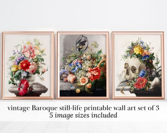 Wall art set of 3 prints wall art download prints digital download vintage print art skull art