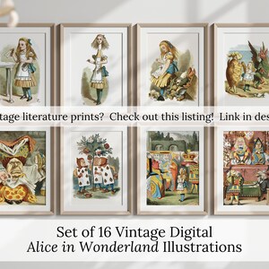 Puede incluir: Un conjunto de diecis&eacute;is ilustraciones digitales vintage enmarcadas de Alicia en el pa&iacute;s de las maravillas. Las ilustraciones presentan escenas y personajes coloridos de la historia cl&aacute;sica. El texto de la imagen dice: "Love vintage literature prints? Check out this listing! Link in description" y "Set of 16 Vintage Digital Alice in Wonderland Illustrations."