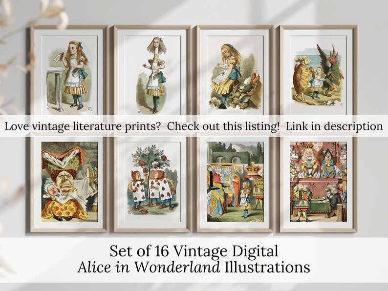 Puede incluir: Un conjunto de diecis&eacute;is ilustraciones digitales vintage enmarcadas de Alicia en el pa&iacute;s de las maravillas. Las ilustraciones presentan escenas y personajes coloridos de la historia cl&aacute;sica. El texto de la imagen dice: "Love vintage literature prints? Check out this listing! Link in description" y "Set of 16 Vintage Digital Alice in Wonderland Illustrations."