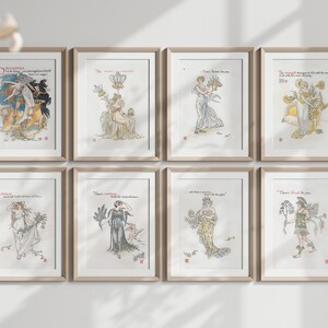 Puede incluir: Ocho grabados art&iacute;sticos enmarcados con ilustraciones Art Nouveau de mujeres con elementos florales. Cada grabado tiene un marco de madera clara y texto. La paleta de colores incluye tonos beige, dorado y pastel.