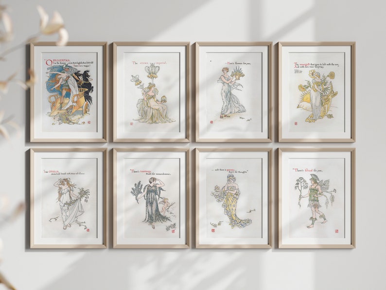 Puede incluir: Ocho grabados art&iacute;sticos enmarcados con ilustraciones Art Nouveau de mujeres con elementos florales. Cada grabado tiene un marco de madera clara y texto. La paleta de colores incluye tonos beige, dorado y pastel.