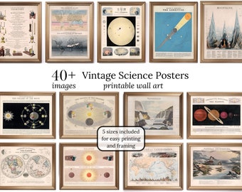 Puede incluir: Una colección de más de 40 pósters científicos vintage con ilustraciones del sol, la luna, los planetas y otros cuerpos celestes. Los pósters son de varios estilos y colores, y serían una gran adición a cualquier hogar o aula.