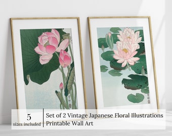 Set of 2 Vintage Digital Floral Print Japanese Floral Wall Art Vintage Lotus Flower Wall Art Pink Decor for Walls Art Instant Download