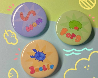 Silly Frog, Worm, Beetle button badges