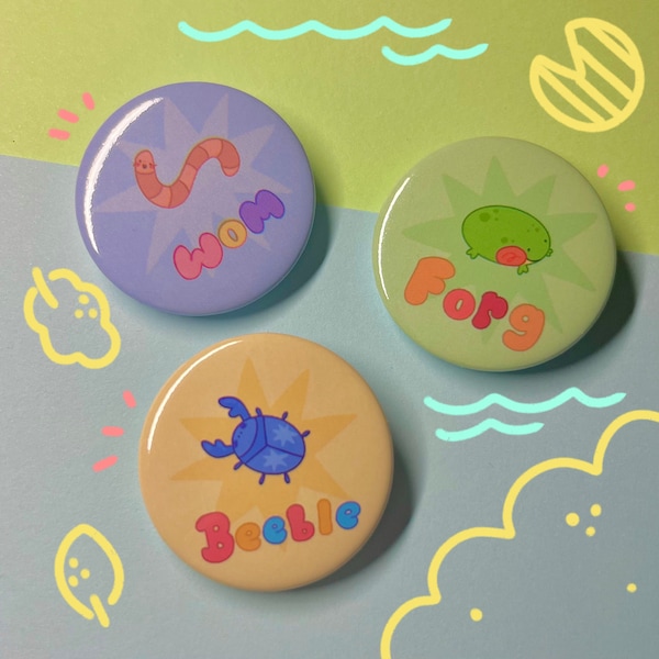 Silly Frog, Worm, Beetle button badges
