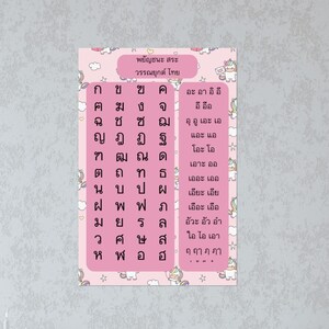 Pink Thai alphabet Matte Vertical Posters, thai education poster for girl, unicorn background learn thai letters, thai girls room decoration
