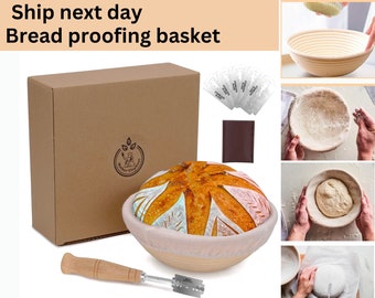 8.5” round bread proofing basket, banneton, banaton, brotform, rising sourdough banetton baking set with handcrafted bread lame easy to use