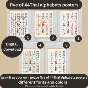 Digital download 5 files of Thai alphabet posters size 36x48 inches with different fonts and colors. Learning Thai