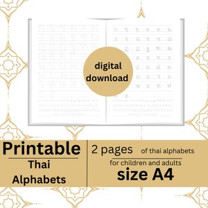 Könnte beinhalten: Druckbare thailändische Alphabet-Arbeitsblätter für Kinder und Erwachsene. Das zweiseitige Dokument enthält ein Raster mit Linien zum Nachzeichnen der Buchstaben. Das Dokument hat das Format A4 und steht zum digitalen Download bereit.