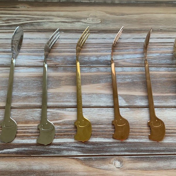 6 pcs small elephant gold, rose gold, silver stainless steel tea dessert forks and spoons set. Mini fork silverware, stirring spoons