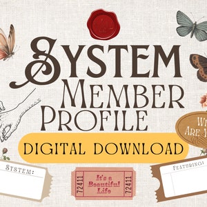 Könnte beinhalten: Ein digitaler Download für ein System-Mitgliedsprofil. Das Bild zeigt eine Vintage-Ästhetik mit Schmetterlingen, Blumen und einem Wachssiegel. Der Text "SYSTEM MEMBER PROFILE" ist in einer großen, dekorativen Schriftart. Der Text "DIGITAL DOWNLOAD" ist in einer kleineren Schriftart. Es gibt auch zwei ticketförmige Etiketten mit dem Text "SYSTEM:" und "FEATURING:" darauf.