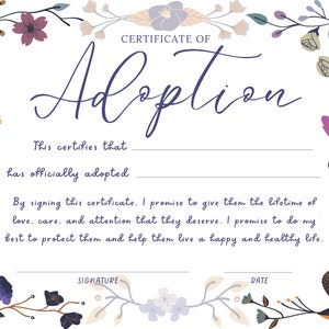 TÉLÉCHARGEMENT NUMÉRIQUE - Certificat d&#39;adoption ! Floral foncé~
