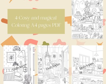 4 Cozy and Magical Coloring A4 pages PDF