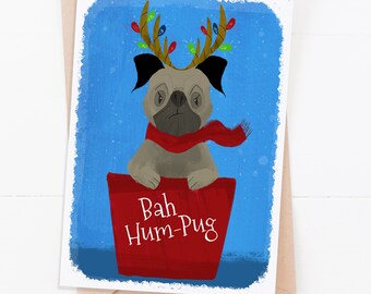 Bah Hum-Pug Reindeer Card / Holiday Card/ Christmas