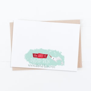May include: A white card with a light blue and green watercolor background. The text "the ART of DAVID BEN" is in red and white. The website address "www.david-ben.com" is below the text. A white narwhal with a red and white horn is swimming to the right.