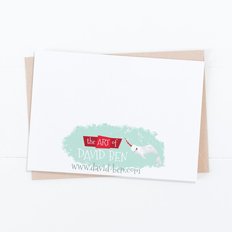 May include: A white card with a light blue and green watercolor background. The text "the ART of DAVID BEN" is in red and white. The website address "www.david-ben.com" is below the text. A white narwhal with a red and white horn is swimming to the right.