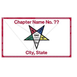 May include: Embroidered patch featuring a five-pointed star with various symbols and colors. The text "Chapter Name No. ??" and "City, State" are displayed in red. The patch is bordered by a red stitched frame.