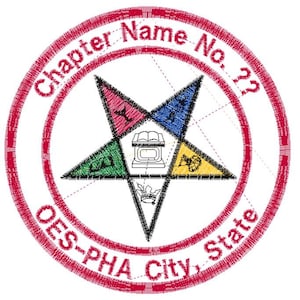 May include: Red embroidered circle with the text "Chapter Name No. 22" and "OES-PHA City, State". Inside the circle is a five-pointed star with four colored triangles: red, blue, green, and yellow.