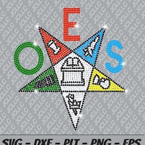 May include: A five-pointed star with a green, blue, yellow, red, and white design. The star is made of rhinestones and has the letters "O.E.S." in the points of the star.