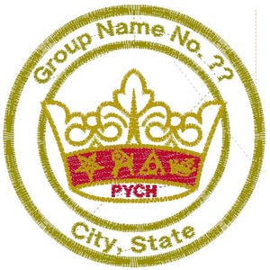 May include: A gold and red emblem with a crown design. The emblem features the text "Group Name No. ??" around the outer edge, with "PYCH" and "City, State" at the bottom. The crown is centered above the text.