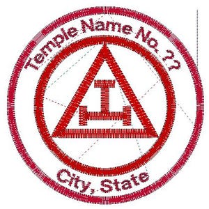 May include: A circular emblem with red text and design elements. The text reads "Temple Name No. 22" and "City, State". The central design is a red triangle with a stylized symbol inside a circle.