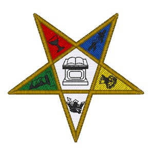 May include: A five-pointed gold star with a white center. Each point of the star is a different color: red, blue, green, yellow, and white. The white center has a black and white image of a book on a pedestal.