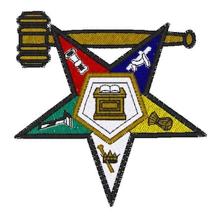 May include: A five-pointed star with a gold, black, and white design. The star is divided into five sections, each with a different symbol. The top section features a gold mallet and a gold and black rod. The section to the right features a white lamb on a blue background. The section to the left features a white cup on a red background. The bottom section features a white crown on a gold background. The center section features a white altar with a book on top of it.