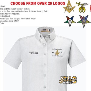 May include: A white short-sleeved button-down shirt featuring custom embroidery options. The shirt displays text placeholders for name, title, organization, and location, alongside a Masonic square and compass emblem. Includes 4-inch line options.