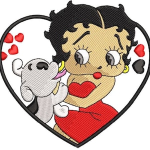 May include: A cartoon image of a woman with black hair and a red dress holding a small white dog with black spots. The image is set against a white heart background with red hearts and black hearts.