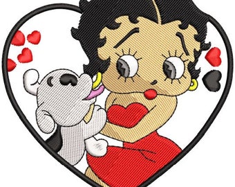 May include: A cartoon image of a woman with black hair and a red dress holding a small white dog with black spots. The image is set against a white heart background with red hearts and black hearts.
