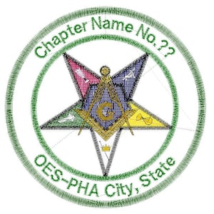 May include: A green circle with a white background and a five-pointed star in the center. The star is divided into five sections, each a different color: red, blue, green, yellow, and gold. The star is surrounded by a compass and square. The circle has the text "Chapter Name No. ??" at the top and "OES-PHA City, State" at the bottom.
